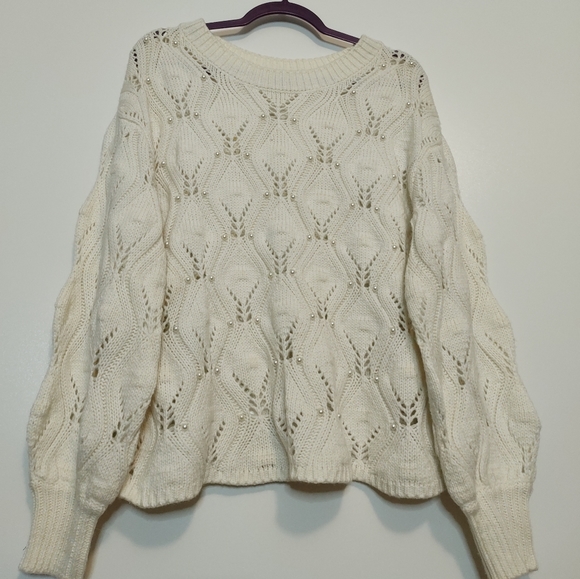Spring + Mercer ivory & pearl knit puff sleeve pullover sweater - Picture 3 of 8